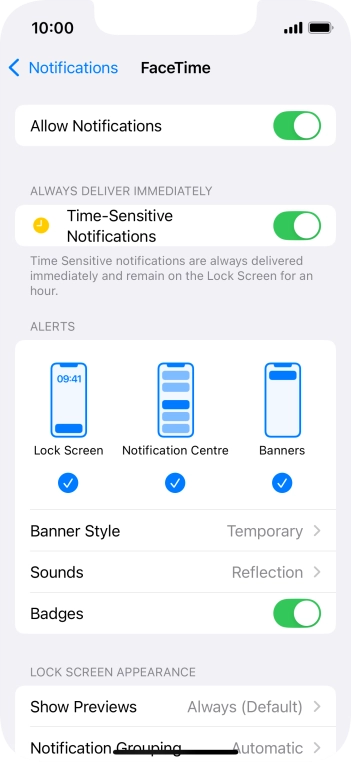 Press the indicator next to 'Allow Notifications' to turn notifications for the selected application on or off. Press the indicator next to 'Allow Notifications' to turn notifications for the selected application on or off.