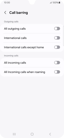 Press the indicator next to the required barring type to turn the function on or off.