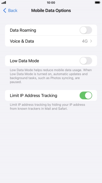 Press the indicator next to 'Low Data Mode'. Press the indicator next to 'Low Data Mode'.