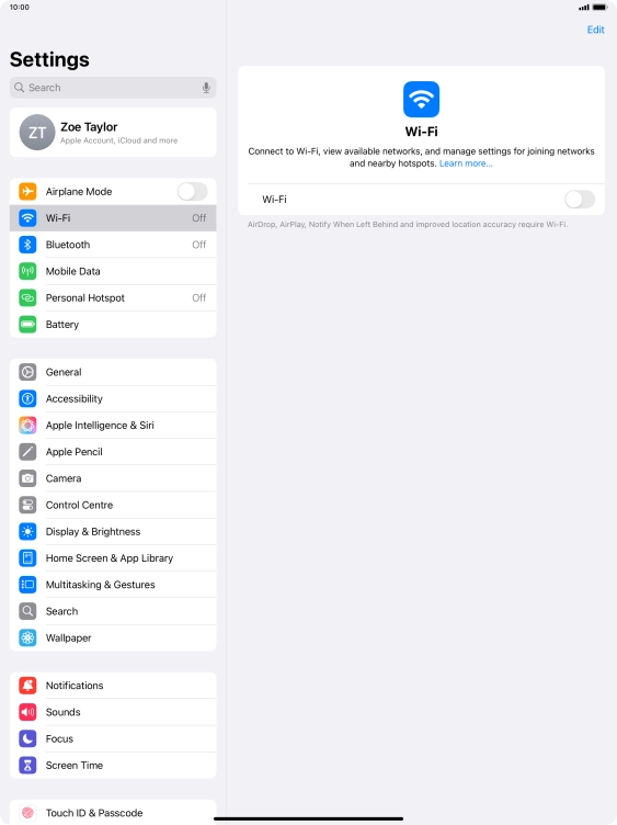 Press the indicator next to 'Wi-Fi' to turn on the function.