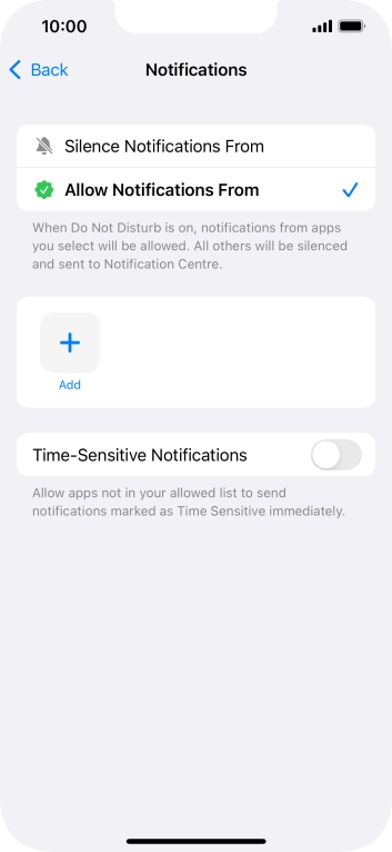 Press the indicator next to 'Time-Sensitive Notifications' to turn display of timed notifications on or off when Do Not Disturb is turned on.