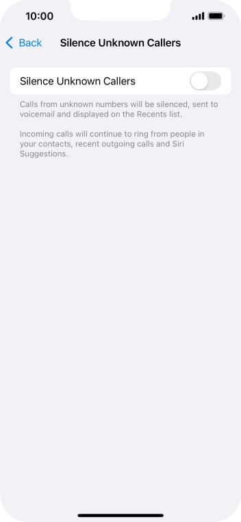 Press the indicator next to 'Silence Unknown Callers' to turn the function on or off.
