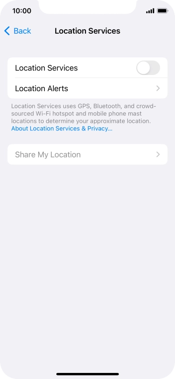 Press the indicator next to 'Location Services' to turn the function on or off.