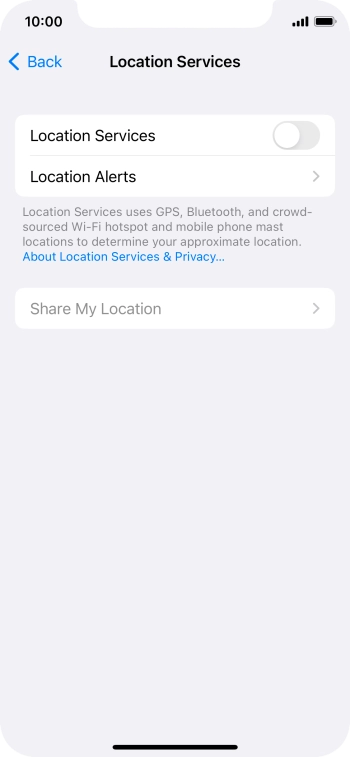 Press the indicator next to 'Location Services' to turn the function on or off.