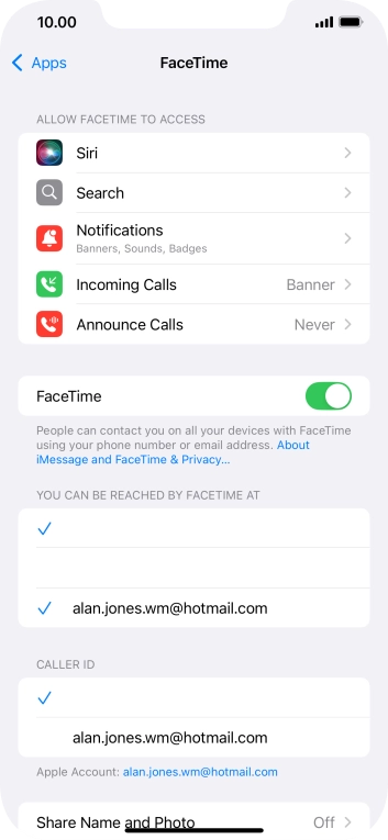 Press the indicator next to 'FaceTime' to turn the function on or off.