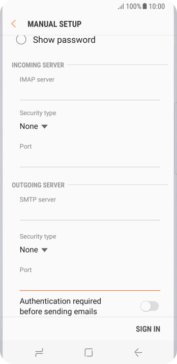 Press the indicator next to 'Authentication required before sending emails' to turn on the function.