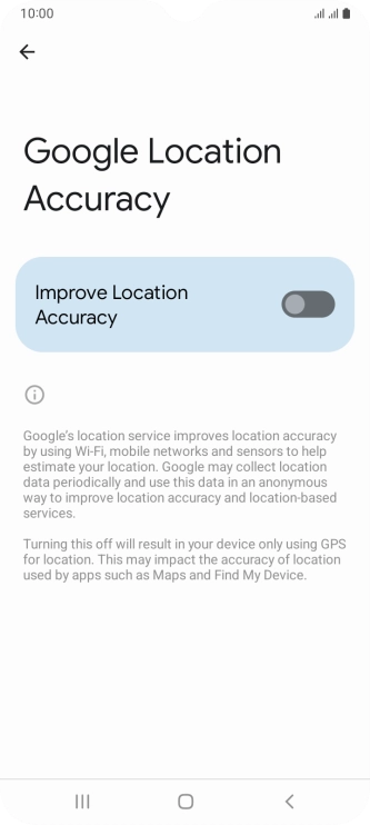 If you press the indicator next to 'Improve Location Accuracy' to turn on the function, your phone can find your exact position using the GPS satellites, the mobile network and nearby WiFi networks. Satellite-based GPS requires a clear view of the sky.