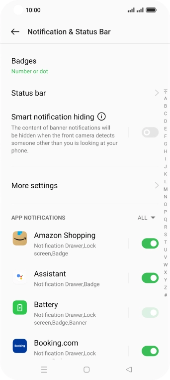 Press the indicator next to the required apps to turn the function on or off. Press the indicator next to the required apps to turn the function on or off.