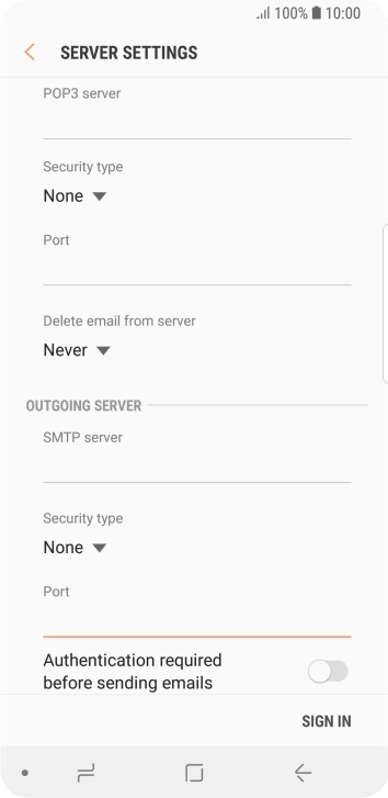 Press the indicator next to 'Authentication required before sending emails' to turn on the function. Press the indicator next to 'Authentication required before sending emails' to turn on the function.