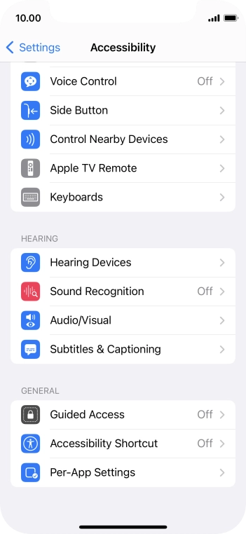 Press the required category below 'HEARING' and follow the instructions on the screen to select the required settings.