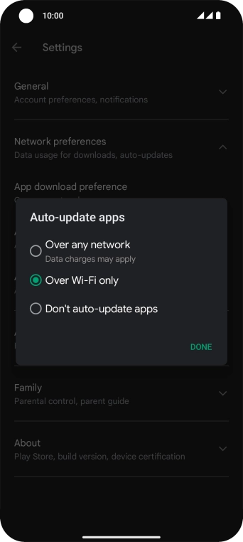 To turn on automatic update of apps using mobile network, press Over any network.