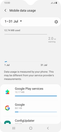 The data usage for each application is displayed below the name of the application.