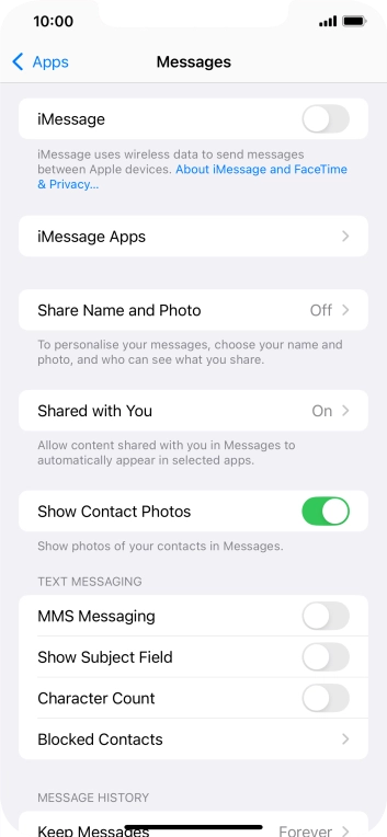 Press the indicator next to 'iMessage' to turn on the function.