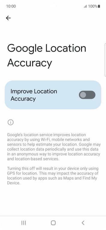 If you press the indicator next to 'Improve Location Accuracy' to turn on the function, your phone can find your exact position using the GPS satellites, the mobile network and nearby WiFi networks. Satellite-based GPS requires a clear view of the sky.