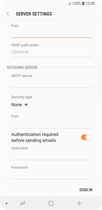 Press the field below 'SMTP server' and key in the name of your email provider's outgoing server. Press the field below 'SMTP server' and key in the name of your email provider's outgoing server.