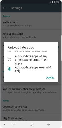 To turn on automatic update of apps using WiFi, press Auto-update apps over Wi-Fi only.