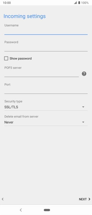 Press the field below 'POP3 server' and key in the name of your email provider's incoming server. Press the field below 'POP3 server' and key in the name of your email provider's incoming server.