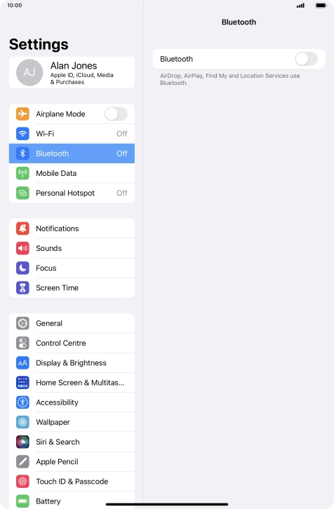 Press the indicator next to 'Bluetooth' to turn on the function.