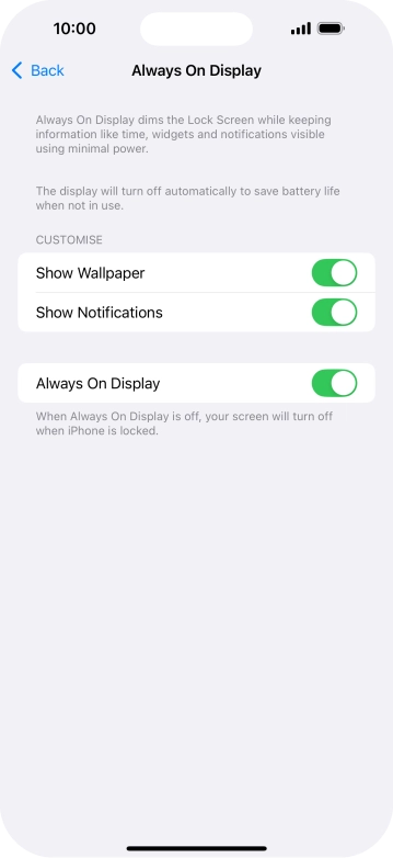 Press the indicator next to 'Always On Display' to turn the function on or off. Press the indicator next to 'Always On Display' to turn the function on or off.