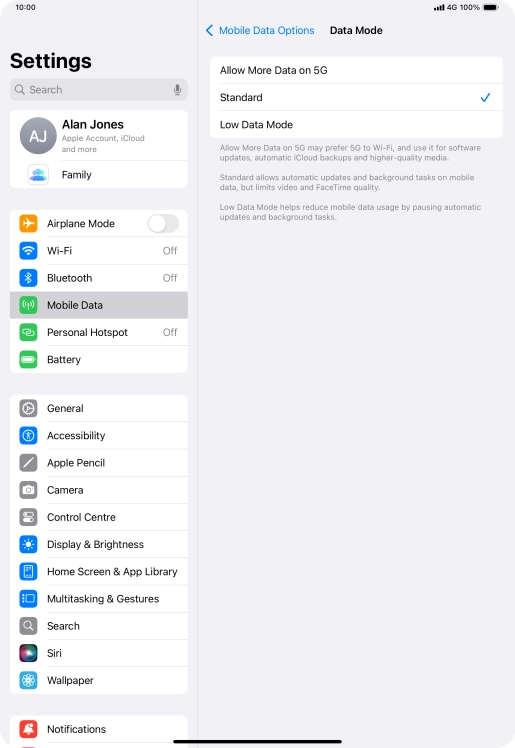 Press the required setting to turn the function on or off.