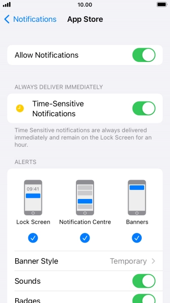 Press the indicator next to 'Allow Notifications' to turn notifications for the selected application on or off. Press the indicator next to 'Allow Notifications' to turn notifications for the selected application on or off.