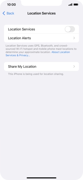 Press the indicator next to 'Location Services' to turn the function on or off.
