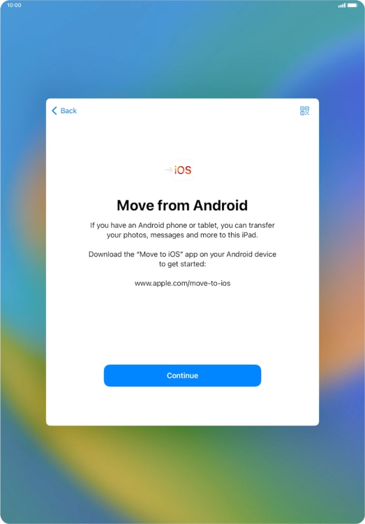 To transfer content to your tablet, you need to install the app 'Move to iOS' on the Android device. When the app is installed, press Continue.