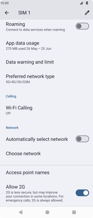 Press the indicator next to 'Automatically select network' to turn on the function.