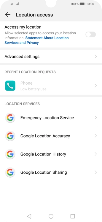 Press the indicator next to 'Access my location' to turn the function on or off.