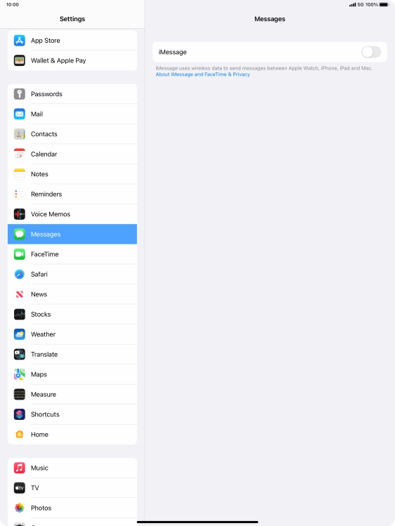 Press the indicator next to 'iMessage' to turn on the function.