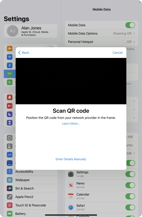 Place the QR code you've received inside the tablet camera frame to scan the code.