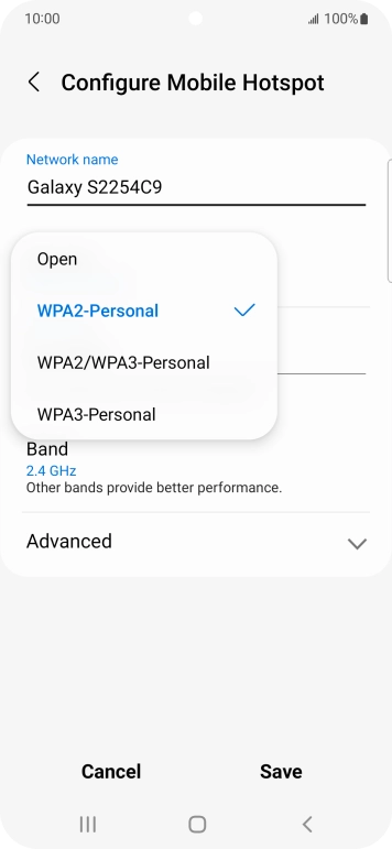 Press WPA3-Personal to password protect your WiFi hotspot.