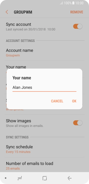 Key in the required sender name and press OK.