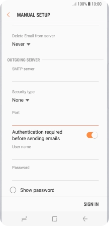 Press the field below 'User name' and key in the username of your email provider's outgoing server.