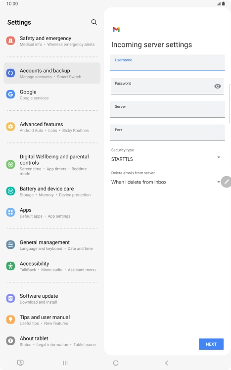 Press the field below 'Server' and key in the name of your email provider's incoming server.