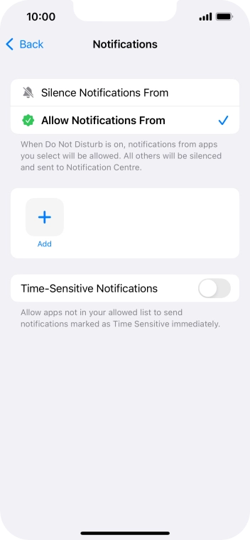 Press the indicator next to 'Time-Sensitive Notifications' to turn display of timed notifications on or off when Do Not Disturb is turned on.