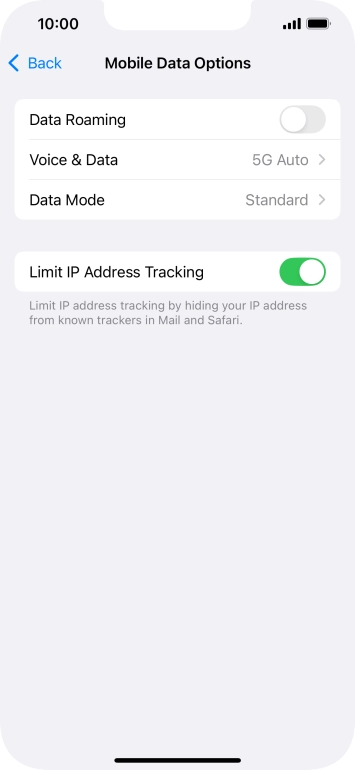 Press the indicator next to 'Data Roaming' to turn the function on or off.