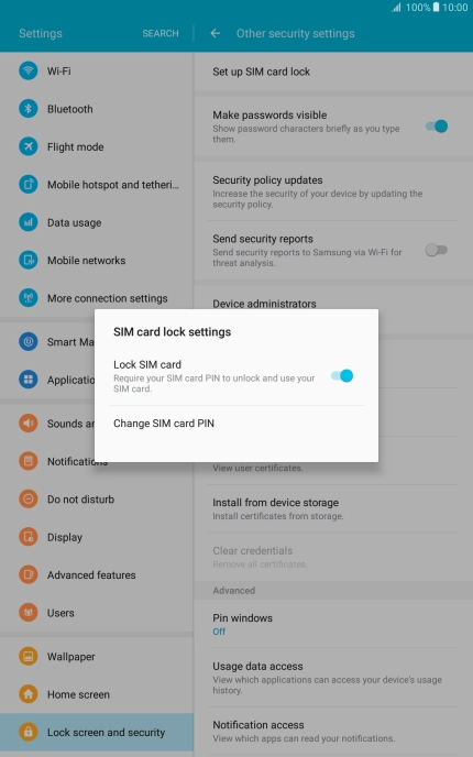 Press the indicator next to 'Lock SIM card' to turn the function on or off.