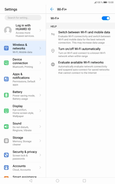 Press the indicator next to 'Wi-Fi+' to turn the function on or off.