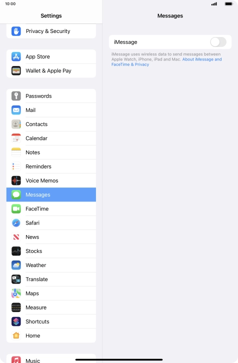 Press the indicator next to 'iMessage' to turn on the function.
