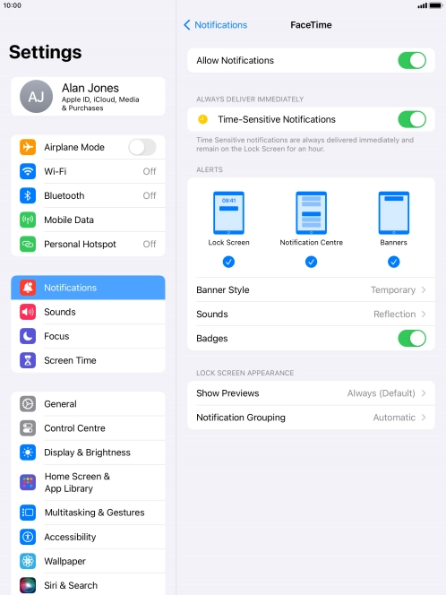 Press the indicator next to 'Allow Notifications' to turn notifications for the selected application on or off.