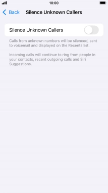 Press the indicator next to 'Silence Unknown Callers' to turn the function on or off.