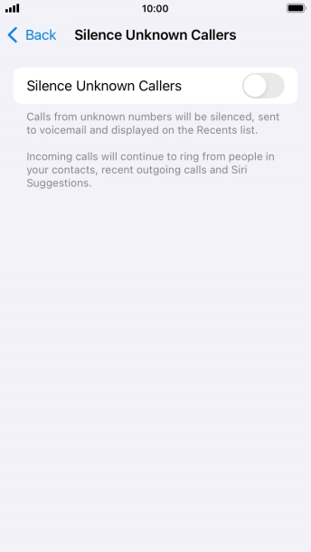 Press the indicator next to 'Silence Unknown Callers' to turn the function on or off. Press the indicator next to 'Silence Unknown Callers' to turn the function on or off.