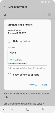 Press WPA2 PSK to password protect your WiFi hotspot.