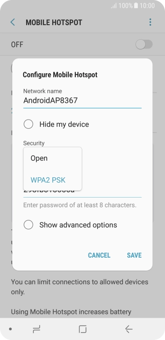 Press WPA2 PSK to password protect your WiFi hotspot.