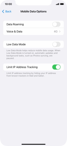 Press the indicator next to 'Data Roaming' to turn the function on or off.