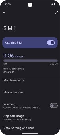 Press the indicator next to 'Roaming' to turn the function on or off.