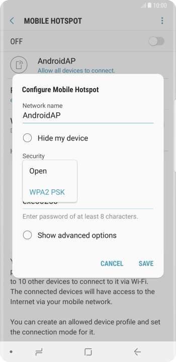 Press WPA2 PSK to password protect your WiFi hotspot.