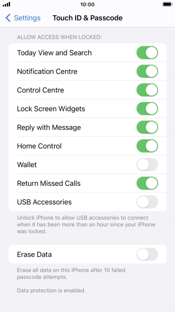 Press the indicator next to 'Erase Data' to turn the function on or off.