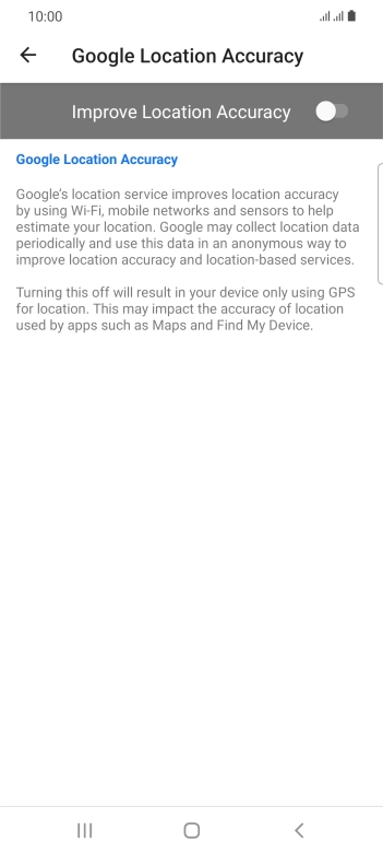 If you press the indicator next to 'Improve Location Accuracy' to turn on the function, your phone can find your exact position using the GPS satellites, the mobile network and nearby WiFi networks. Satellite-based GPS requires a clear view of the sky.